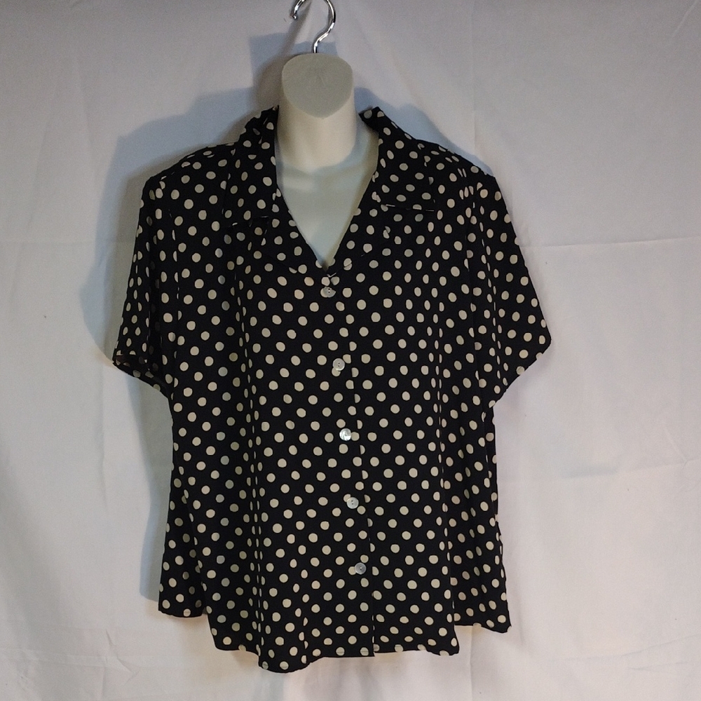 Vintage Susan Graver Top Black White Polka Dot Short Sleeve Button Up Size 2X
